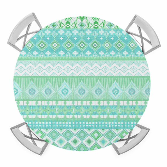 Elastic Fitted Round Tablecloth, Teal Green Boho Waterproof Stretch Table Cover for 45"-54" Tables, Vintage Ethnic Tribe Abstract Art Washable Outdoor Tablecloths for Patio, Picnic, Camping