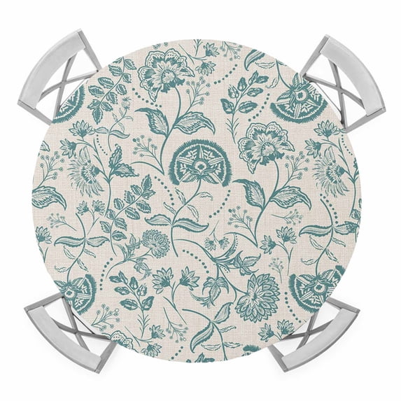 Elastic Fitted Round Tablecloth, Teal Green Spring Floral Waterproof Stretch Table Cover for 36"-44" Tables, Retro Farmhouse Summer Botanical Washable Outdoor Tablecloths for Patio, Picnic, Camping