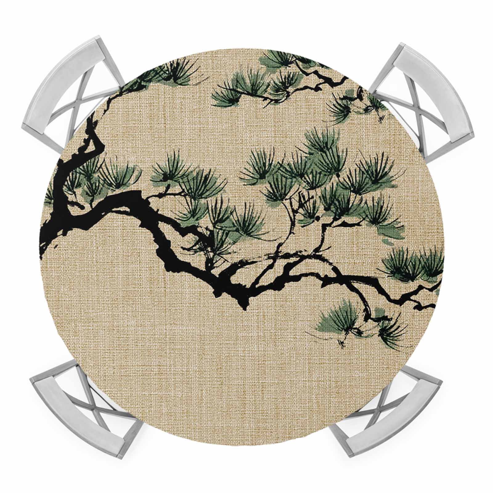 Elastic Fitted Round Tablecloth, Teal Pine Tree Waterproof Stretch ...