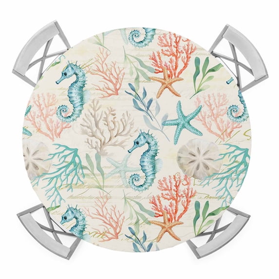 Elastic Fitted Round Tablecloth, Teal Red Coastal Waterproof Stretch Table Cover for 36"-44" Tables, Nautical Seahorse Beach Coral Starfish Retro Washable Outdoor Tablecloths for Patio, Picnic
