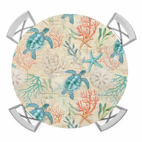 Elastic Fitted Round Tablecloth, Teal Red Coastal Waterproof Stretch Table Cover for 45"-54" Tables, Summer Beach Nautical Sea Turtle Coral Starfish Washable Outdoor Tablecloths for Patio, Picnic