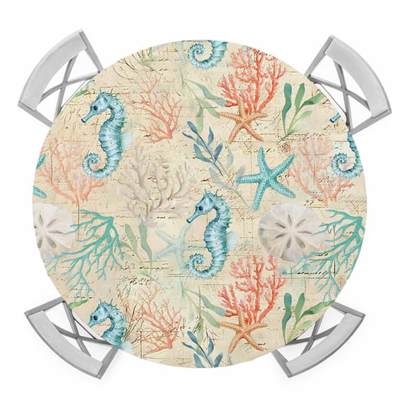 Elastic Fitted Round Tablecloth, Teal Red Coastal Waterproof Stretch Table Cover for 55"-60" Tables, Nautical Seahorse Beach Coral Starfish Beige Washable Outdoor Tablecloths for Patio, Picnic