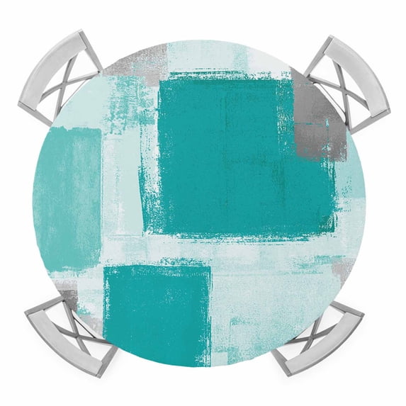 Elastic Fitted Round Tablecloth, Turquoise Grey Ombre Waterproof Stretch Table Cover for 36"-44" Tables, Farmhouse Abstract Mottled Art Washable Outdoor Tablecloths for Patio, Picnic, Camping