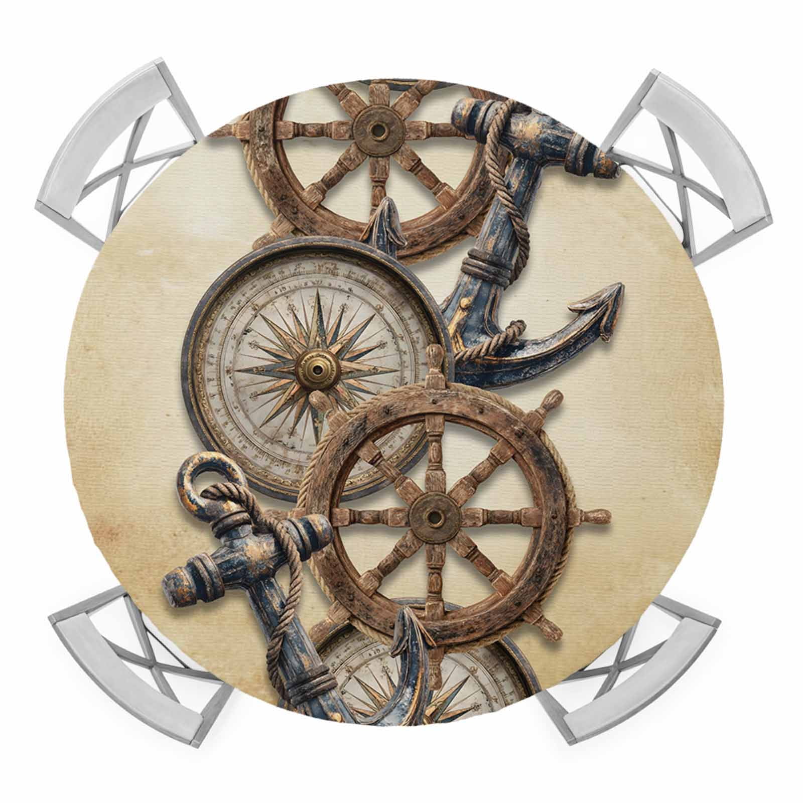 Elastic Fitted Round Tablecloth, Vintage Anchor Nautical Waterproof ...