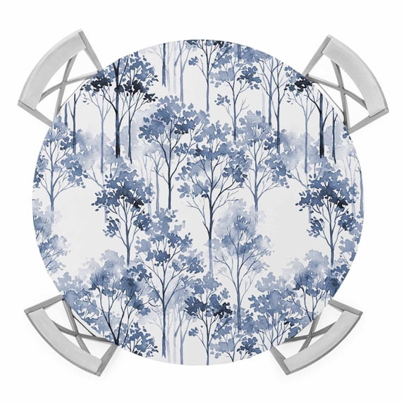 Elastic Fitted Round Tablecloth, Watercolor Forest Blue Waterproof Stretch Table Cover for 55"-60" Tables, Abstract Art Modern Trees Washable Outdoor Tablecloths for Patio, Picnic, Camping