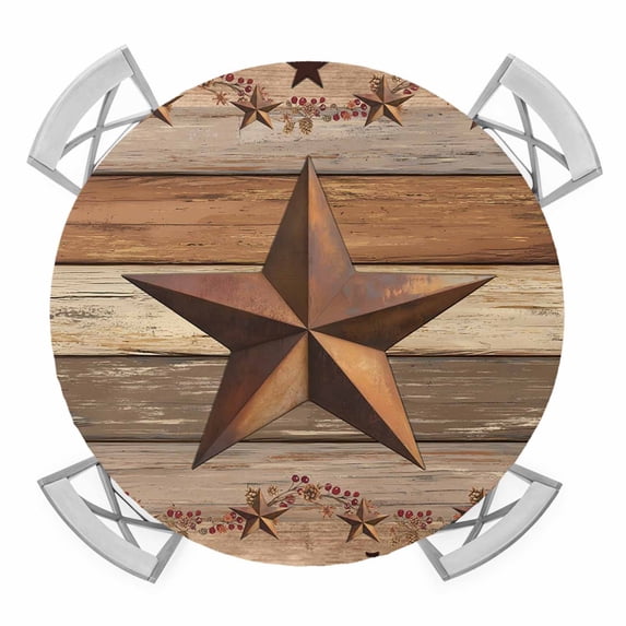 Elastic Fitted Round Tablecloth, Western Texas Star Retro Waterproof Stretch Table Cover for 45"-54" Tables, Vintage Farmhouse Berry Brown Wood Washable Outdoor Tablecloths for Patio, Picnic, Camping