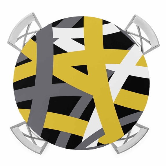 Elastic Fitted Round Tablecloth, Yellow Black Geometric Waterproof Stretch Table Cover for 55"-60" Tables, Modern Art Abstract Grey Line Washable Outdoor Tablecloths for Patio, Picnic, Camping