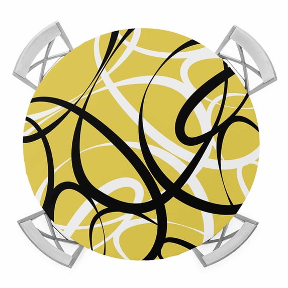 Elastic Fitted Round Tablecloth, Yellow Geometric Waterproof Stretch Table Cover for 36"-44" Tables, Farmhouse Abstract Black White Striped Washable Outdoor Tablecloths for Patio, Picnic, Camping