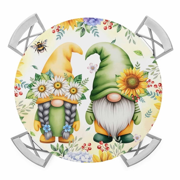 Elastic Fitted Round Tablecloth, Yellow Sunflowers Waterproof Stretch Table Cover for 55"-60" Tables, Spring Gnomes Hydrangea Daisy Plants Washable Outdoor Tablecloths for Patio, Picnic, Camping