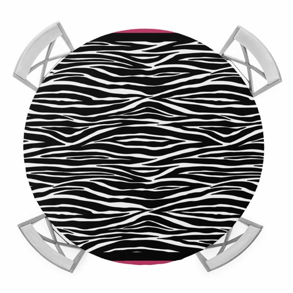 Elastic Fitted Round Tablecloth, Zebra Printed Waterproof Stretch Table Cover for 45"-54" Tables, Modern Geometric Balck White Stripes Washable Outdoor Tablecloths for Patio, Picnic, Camping