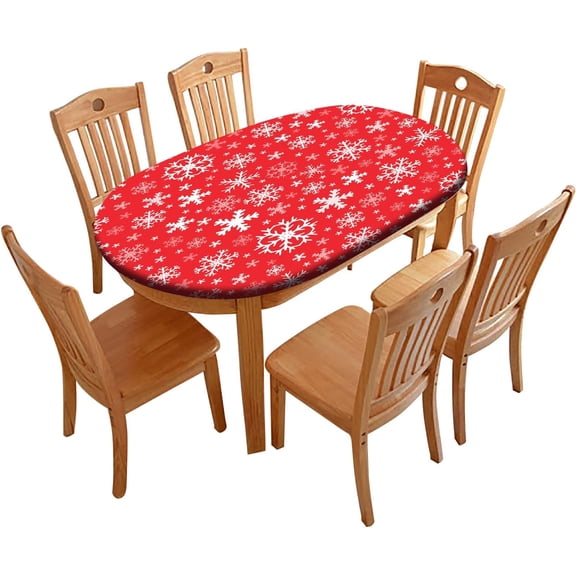 Elastic Fitted Tablecloths, White Snowflakes on Red Background Oval Table Covers, Polyester Cloth Wrinkle Resistant Decor Family Banquet Use, Fits Tables up to 42''''x60''''