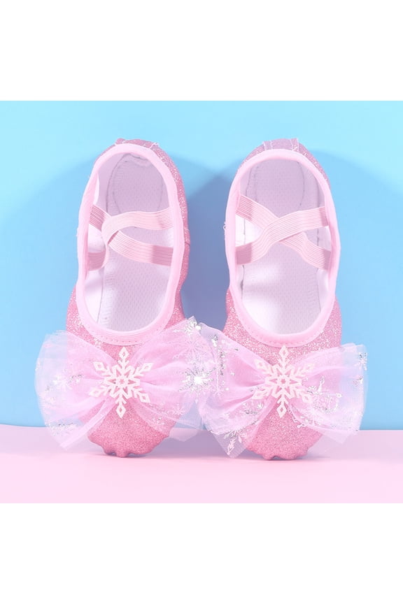 Elastic Glitter Ballet Shoes for Kids, Non-slip Split-sole Dance Slippers with Snowflake Bow Decoration Pink 23