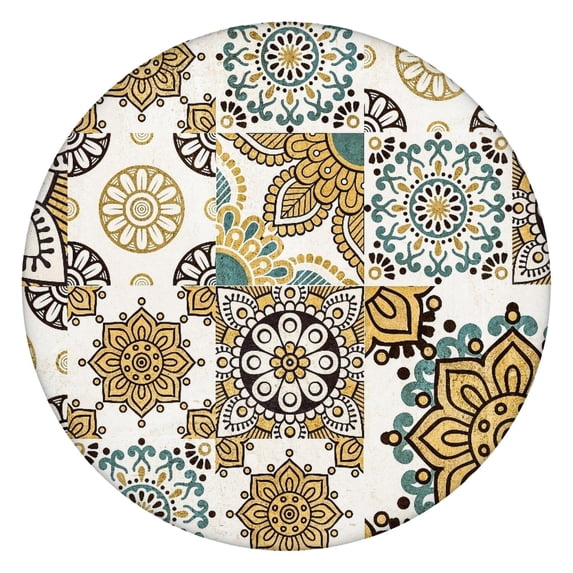 Elastic Hem Round Tablecloth Bohemian Style, Floral Design for Tables 52-56 Inches, Vibrant Cover for Patio Dining Decor