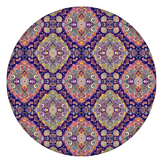 Elastic Hem Round Tablecloth in Bohemian Floral 44 Inch Fits 38-42 Tables Wrinkle Free Vinyl Cover Indoor Outdoor Setting
