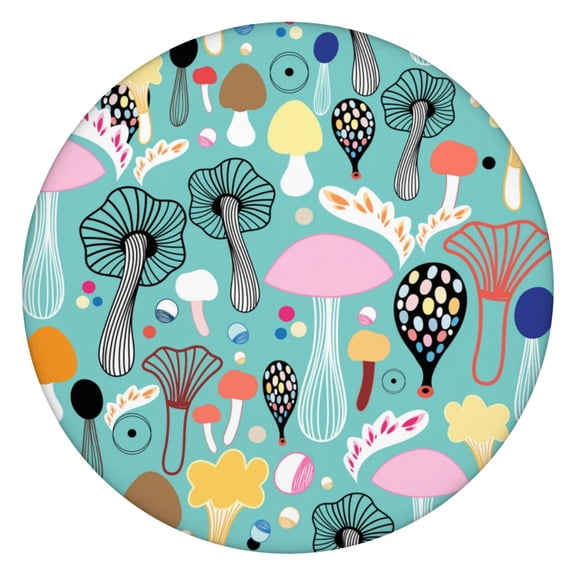 Elastic Hem Round Tablecloth with Mushroom Pattern, Waterproof Oxford Fabric Fits 45–52” Table, Great for Home, RV, and Garden
