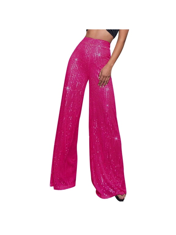 Elastic High Waist Bling Glitter Sequin Wide Leg Trousers Women Loose Long Pants Nightclub Party Holiday Dance Casual Bottoms Hot Pink 3XL