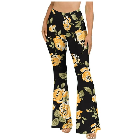 Elastic High Waist Leggings for Women Athletic Casual Stretchy Floral Print Yoga Flare Pants Gym Sports Slim Activewear(Yellow,XL)