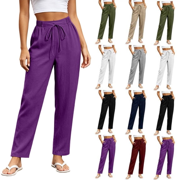 Elastic High Waist for Women Drawstring Linen Ankle Solid Color Pants Casual Slim Tapered Cropped Trousers with Side Pockets, Lightweight Straight Leg Vacation Jogger Pants