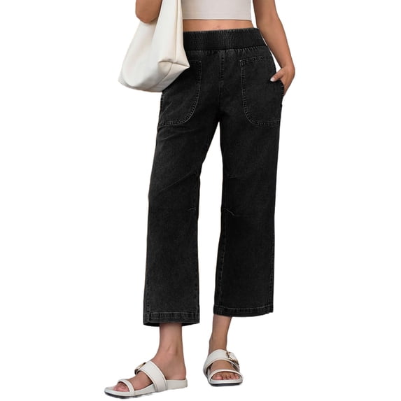 Elastic High Waist Women Wide Leg Loose Denim Pants Ankle Jeans