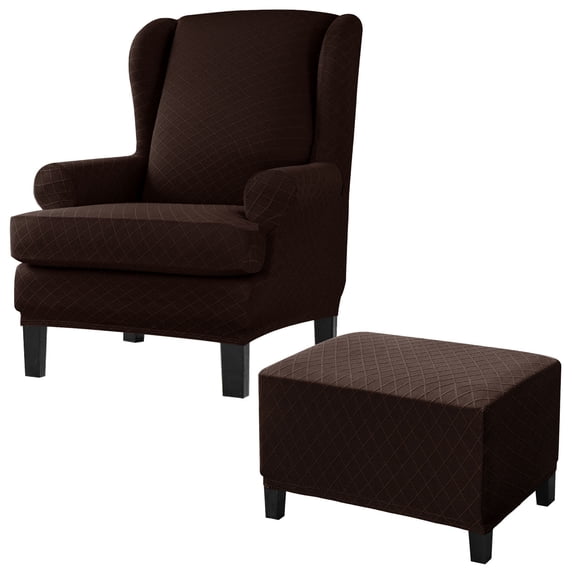 Elastic Jacquard Wing Chair Covers Bundles Rectangle Ottoman Slipcovers,Checkered Pattern Wing Chair Covers And Ottoman Stool Cover,Machine Washable Household-Deep Coffee-Set of 2