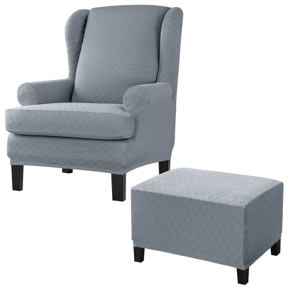 Elastic Jacquard Wing Chair Covers Bundles Rectangle Ottoman Slipcovers,Checkered Pattern Wing Chair Covers And Ottoman Stool Cover,Machine Washable Household-Light Grey-Set of 2