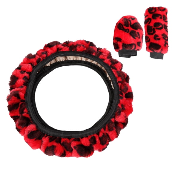 Elastic Leopard Pattern Winter Warm Car Steering Wheel Cover with Handbrake Gear Shift Cover Set Universal Red