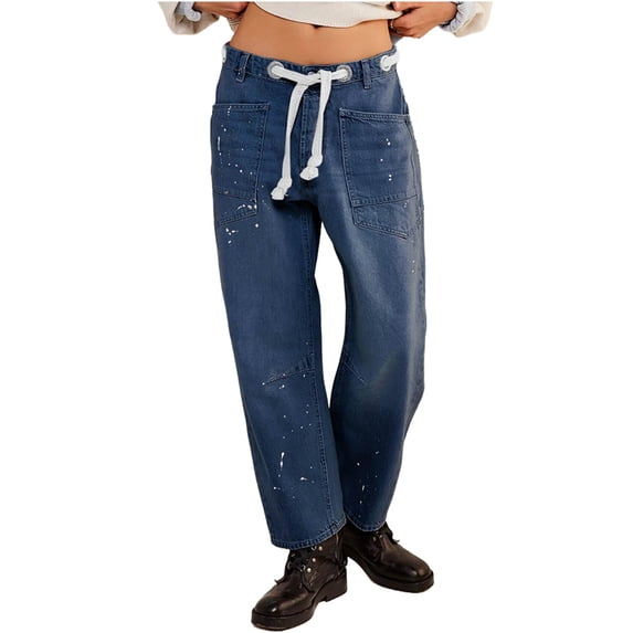 Elastic Middle Waist Women Casual Jeans Drawstring Denim Pants with Front Pocket