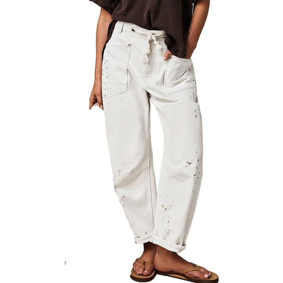 Elastic Middle Waist Women Casual Jeans Drawstring Denim Pants with Front Pocket