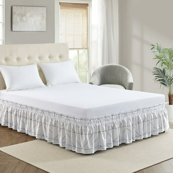 Elastic Pleated Bed Skirt,White Polyester Hotel Style Bed Skirt,Fits Spring Mattress,Defend Slip Design,Drooping Hem,SouMaox