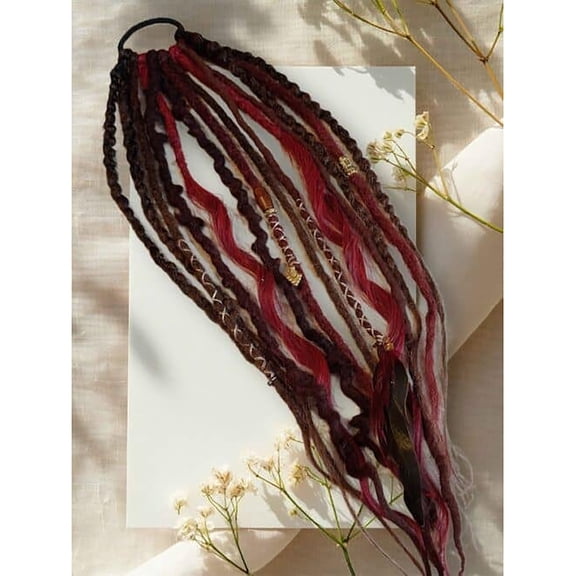 Elastic Ponytail, Bohemian Dirty Braid Ponytail, Viking Dreadlock Hair Extension with Beads, Viking Style with Feathers, for Festival, Cosplay & Daily Styles