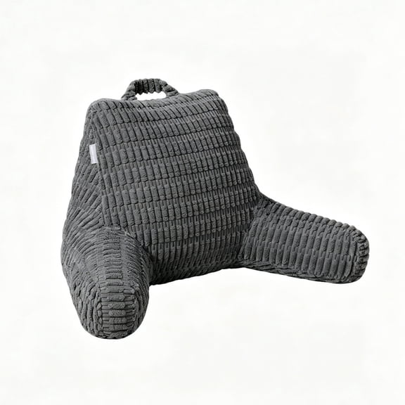 Ecoskio Reading Pillow, Flannel Memory Foam Bedrest Cushion with Arm Pockets and Washable Cover, Dark Gray