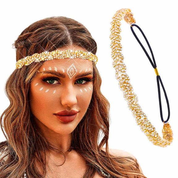 Elastic Rhinestone Headbands, Carnival Rave Hair Accessories, Sparkly Crystal Braid Headpiece for Women (Gold, M)