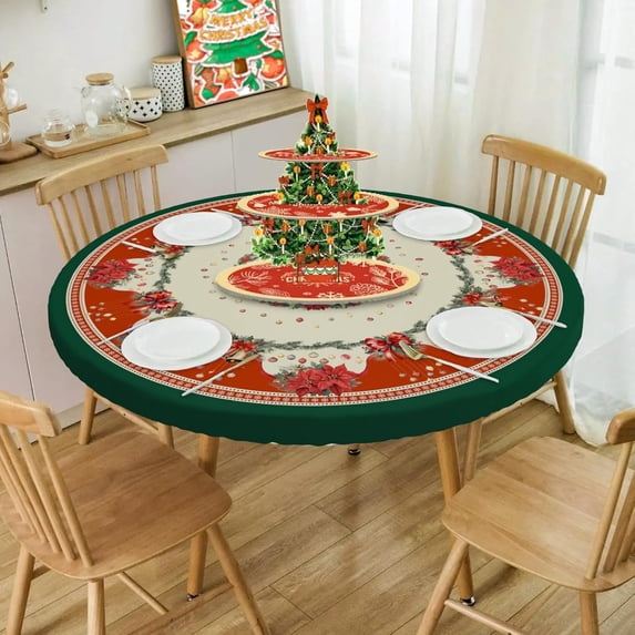 Elastic Round Tablecloth - Fit for 36-44” Tables, Christmas Round Fitted Table Cloth with Elastic Edge, Water Resistant Washable Table Covers for Dining Room, Party & Kitchen Decor