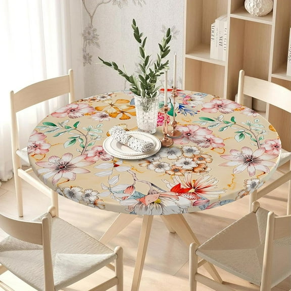 Elastic Round Tablecloth Fitted Washable Fitted Table Cover for Indoor and Outdoor Dining Table Cloth Protector,45"- 54"