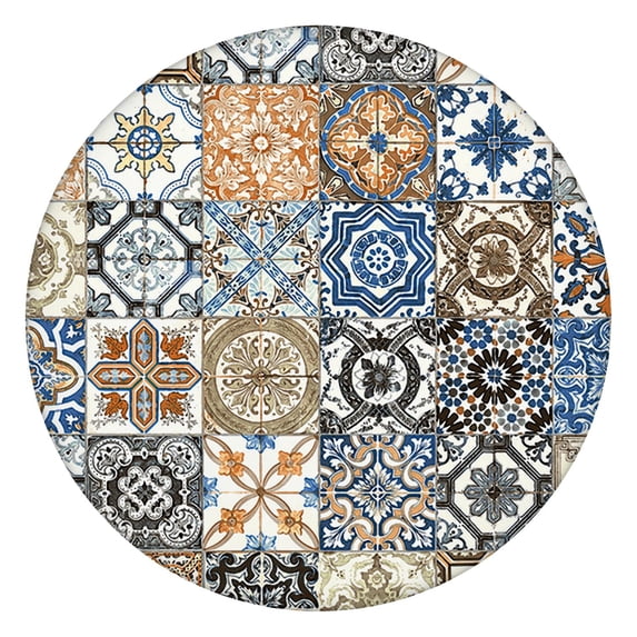 Elastic Round Tablecloth Floral Bohemian Print, 44 Inch Fits 38"-42" Tables, Stain Resistant Vinyl for Holiday Gatherings & Meals