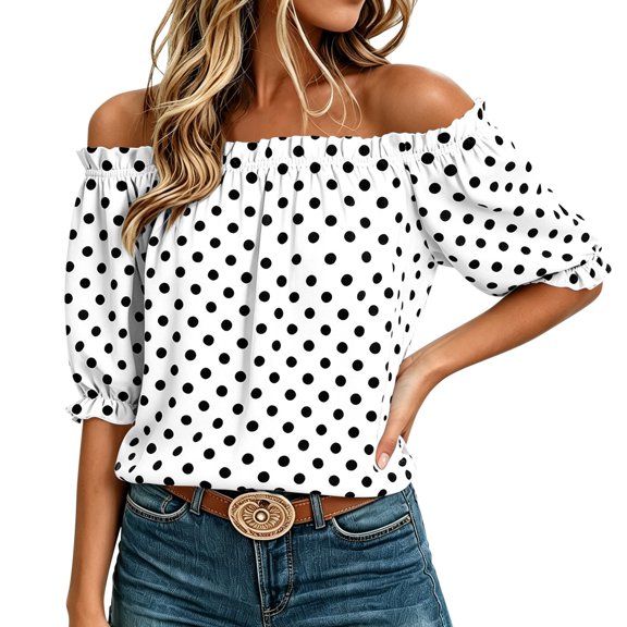 Elastic Ruffle Off Shoulder Bubble 3/4 Sleeve Black White Polka Dot Loose Woven Blouse for Women Summer Beach Dating Casual Tops