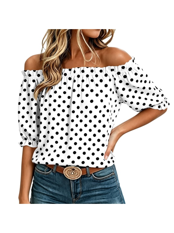 Elastic Ruffle Off Shoulder Bubble 3/4 Sleeve Black White Polka Dot Loose Woven Blouse for Women Summer Beach Dating Casual Tops