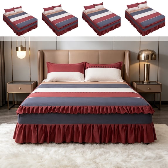Elastic Ruffled Bed Skirt 3-Piece Set, Decorative Bedspread with Ruffle Edges & Pillow Shams, Machine Washable Bed Sheet Cover for Bedroom & Hotel Decor, 59.06" x 78.74", AKLJWH