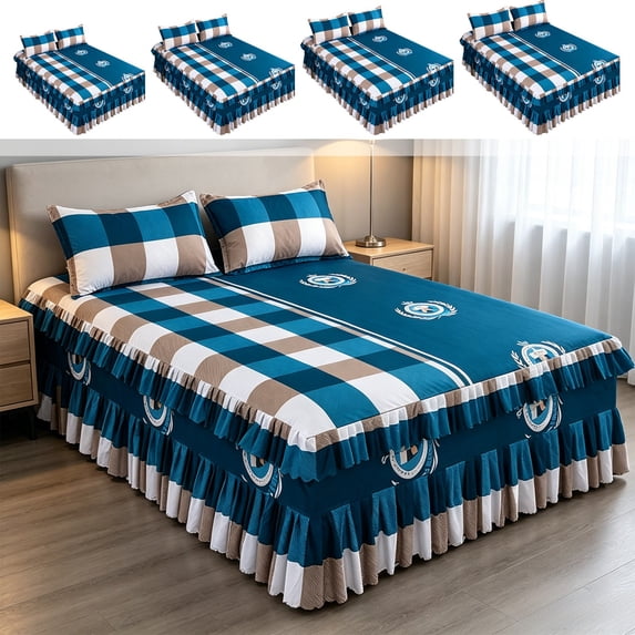 Elastic Ruffled Bed Skirt with Matching Pillowcases, 3 Piece Dustproof Soft Bedspread Set, for Bedroom Bed Protection Stylish Home Bedding Bedroom Decor, S