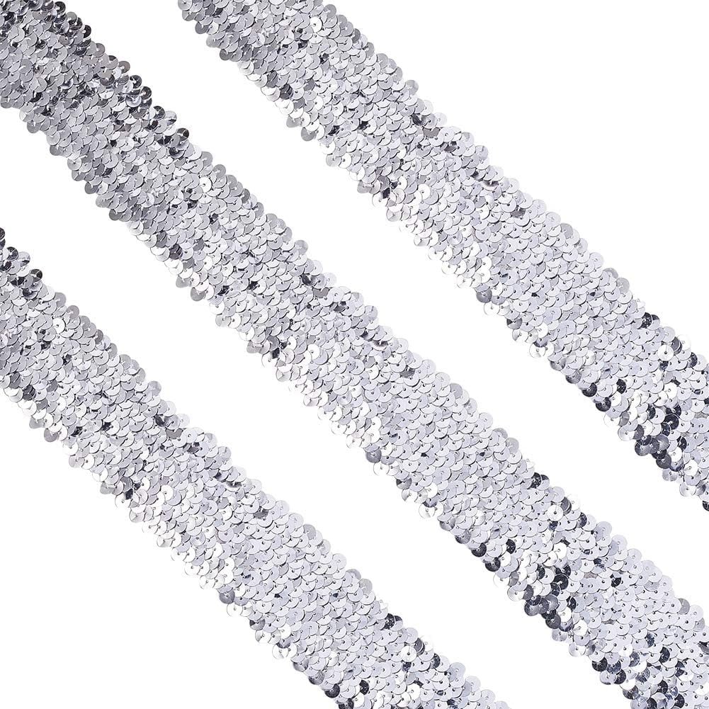 Elastic Sequin Flat Glitter Stretch Bling Paillette Fabric Ribbon Applique Trim Lace Band for Dress Embellish Headband (45mm/ 1.7inch Wide 10yards Long Silver)