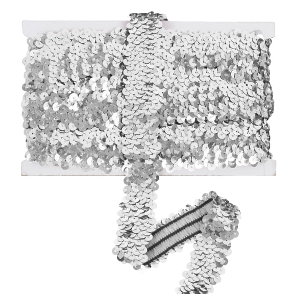 Elastic Sequin Trim, 1.2 Inch 3 Row Flat Glitter Paillette Sequin Ribbon, Metallic Stretch Sequin Strip Sewing DIY Craft, 5 Yards, Silver