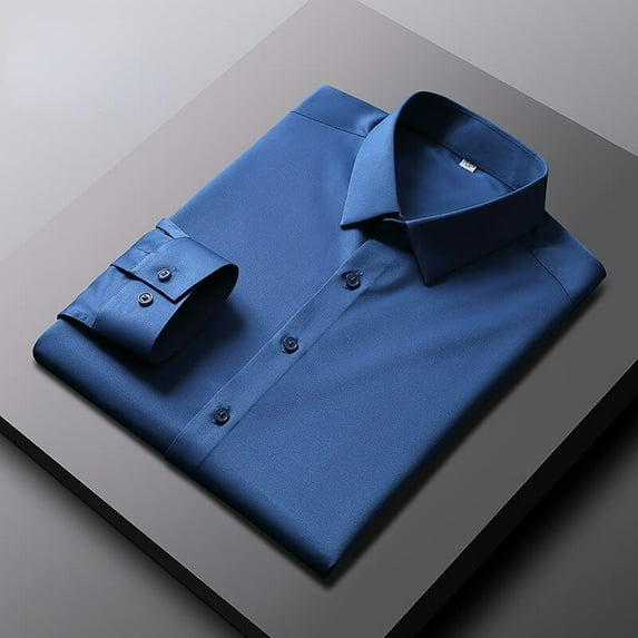 Elastic Silk Long Sleeve Dress Shirt for Men - Wrinkle-Free, Solid Color, Slim Fit Business Shirt