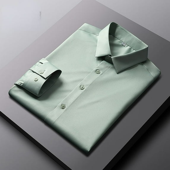 Elastic Silk Long Sleeve Dress Shirt for Men - Wrinkle-Free, Solid Color, Slim Fit Business Shirt