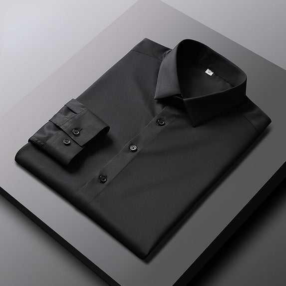 Elastic Silk Long Sleeve Dress Shirt for Men - Wrinkle-Free, Solid Color, Slim Fit Business Shirt