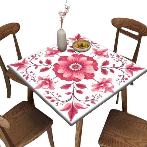 Elastic Small Square Tablecloth, Pink Floral Pattern Printed on Fade Resistant Fall Elastic Table Covers, Fits Picnics & Outdoor Events, Fit for 36" x 36" Square Tables