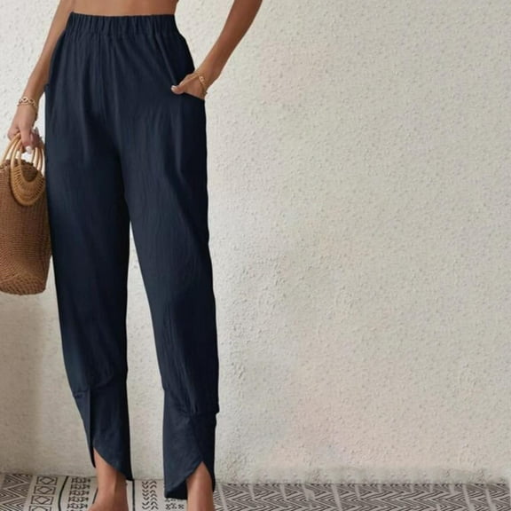 Elastic Solid Women Pockets Long Pants Waist Casual Loose Trousers Pants Pants Sweatpants for Women High Waist Short Damaged Pants for Women plus Size Workout Clothes Petite X Yoga Pants for Women