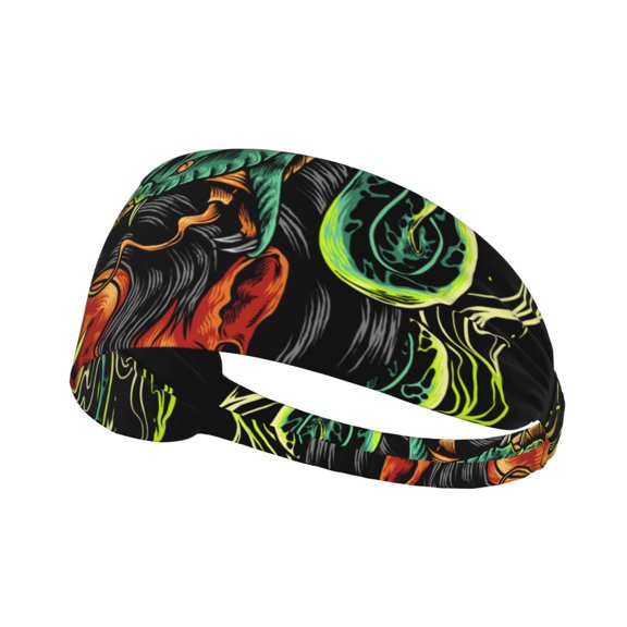 Elastic Sports Headband Wide Workout Sweatband Hair Band for Yoga, Running, Cycling, Fitness, Devil Snake Demon Japanese