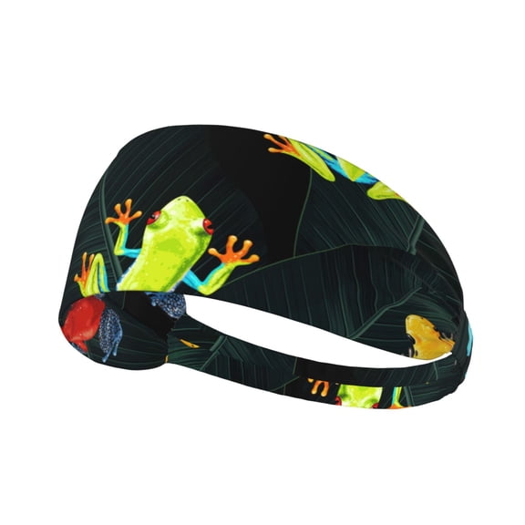 Elastic Sports Headband Wide Workout Sweatband Hair Band for Yoga, Running, Cycling, Fitness, Tropical Frogs Palm Leaf