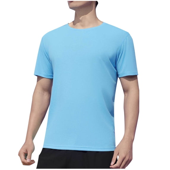 Elastic Sports Short Sleeve T-Shirt for Men Summer Lightweight Round-Neck Tops Workout Gym Basic Tee ,Light Blue,XXL