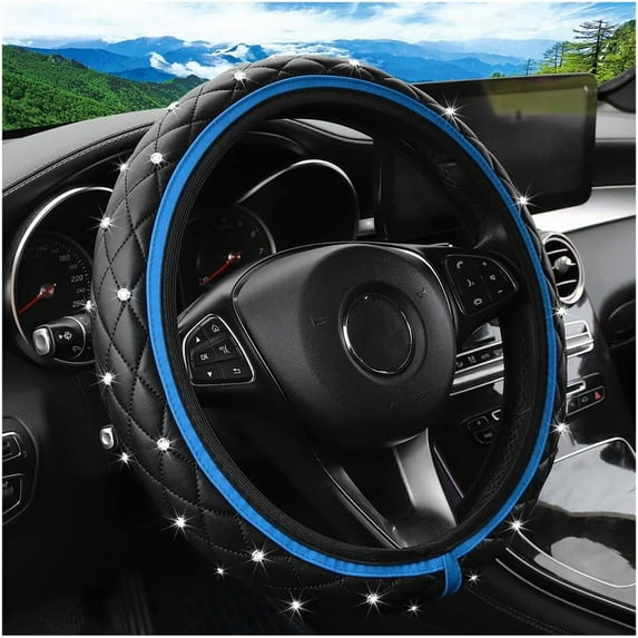 Elastic Stretch Leather Car Steering Wheel Cover for Women, Universal 15 Inch Car Interior Accessories, Sparkling Diamond Vehicle Trim, Non-Slip, Easy to Install